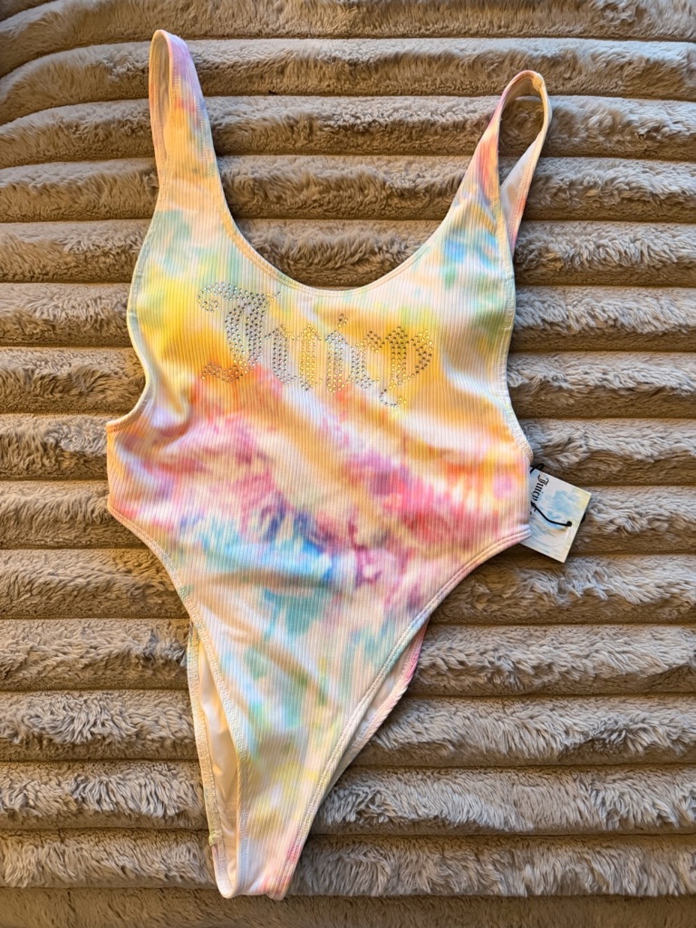 Juicy Couture Pastel Tie-Dye Ribbed One-Piece Swimsuit with Bedazzling